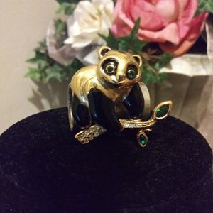 Vintage 1970's Roman Co. Jeweled  Panda Bear With Bamboo Brooch